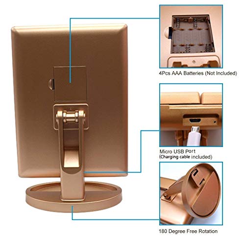 deweisn Floor Mount Tri-Fold Lighted Vanity Mirror with 21 LED Lights, Touch Screen and 3X/2X/1X Magnification, Two Power Supply Modes Make Up Mirror,Travel Mirror - color: Gold
