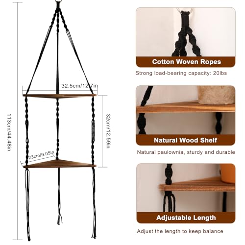 Artilady Corner Shelf Macrame Wall Hanging Balck, Boho Wood Storage Decor - color: Black Shelf - 2 Tier