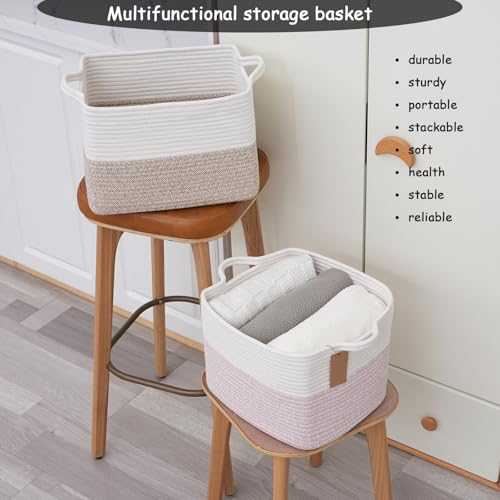 COMFY-HOMI 3PACK Cotton Rope Square Basket with Handles for Shelves| Storage|Baby Basket for GIF|Shoe Basket for Organizing|New13.5" x 11" x 9.5" for Living Room - color: White/Pink, size: 3-13.5"X11"X9.5"