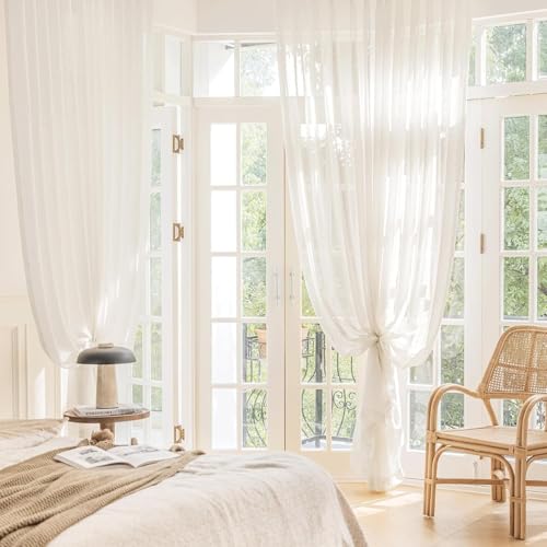 FMFUNCTEX Beige Linen Sheer Curtains, 84 Inches, 2 Panels for Bedroom - color: Rod Pocket| Natural, size: 52"W x 84"L (Pack of 2)