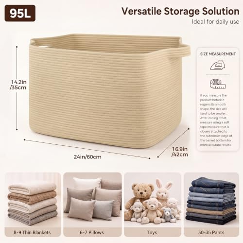 OIASKET 95L Extra Large Blanket Basket, 24" x 16.9" x 14.2" Woven Basket - color: Jute, size: 24"x16.9"x14.2"