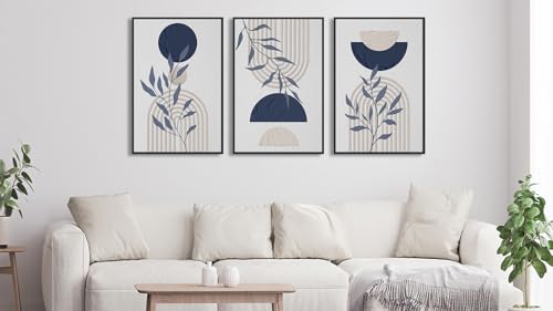 Large Framed Boho Wall Art, Mid Century Botanical Canvas Prints, Blue Geometric Abstract Paintings Modern Minimalist Canvas Pictures for Living Room Bedroom Kitchen Office Decor 32"x48"x3Pcs - color: neutral, size: 32" X 48" X 3pcs Framed