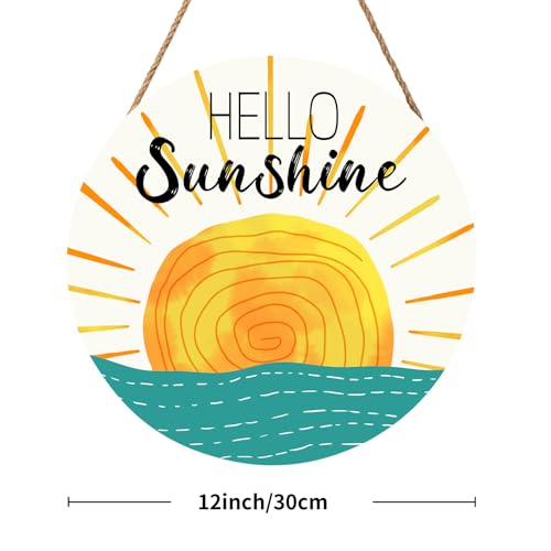 Summer Wreaths for Front Door Hello Sunshine Welcome Sign Summer Sunshine Decoration Wooden Door Hanger Sunset over Sea Farmhouse Hanging Plaque Sign for Home Porch Indoor Outdoor Outside 12”x12” - color: Hello Sunshine-Welcome