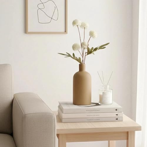Neutral Boho Ceramic Brown Decorative Vase, Modern Matte Minimalist Vases for Shelf, Coffee Table, Living Room & Fireplace Mantel Decor