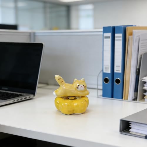 Miniature Figurines Cute Ceramic Rotating Ornament Funny Spinner Sculpture for Shelf, Desk, Home Decoration, Perfect Adorable Rotary Exquisite Interesting Gift (Yellow Cat)