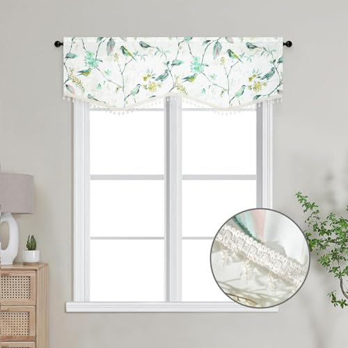 VOGOL Faux Linen Bird Pattern Valance, Rod Pocket, 52 x 16, 1 Panel, Green - color: Birds Green, size: 52"W x 16"L (Pack of 1)