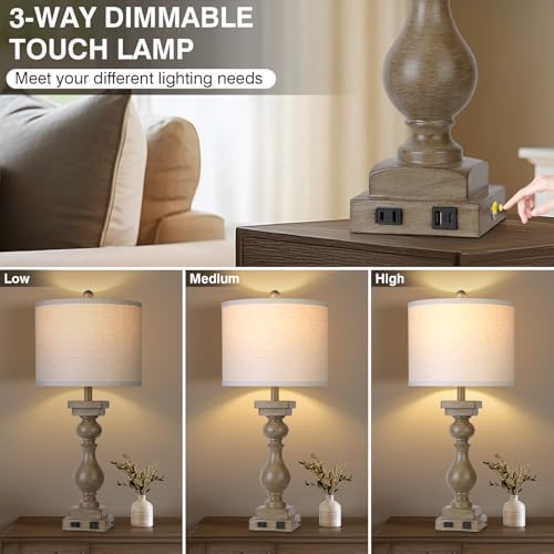 28" Tall Farmhouse Table Lamps Set of 2 with USB A+C Ports and AC Outlet, 3 Way Touch Rustic Bedside Lamps for Living Room, Brown Vintage Lamps for Bedroom - color: Brown