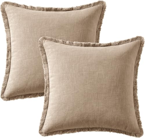 24x24 Inch Set of 2 Euro Linen Fringe Throw Pillow Covers,Camel - color: Camel, size: 24" x 24" (Pack of 2)