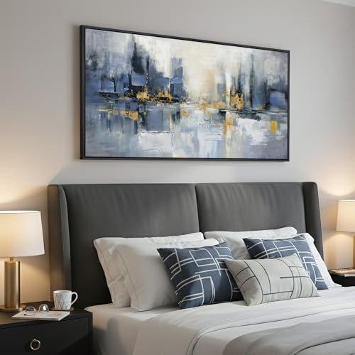 Extra Large Framed Blue Abstract Modern Wall Art for Living Room, 60x30 In - color: Blue, size: 60"L x 30"W