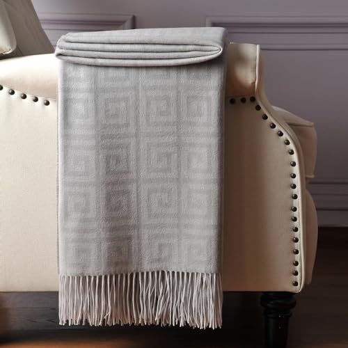 CUDDLE DREAMS Premium Cashmere Throw Blanket with Fringe (Greek Key) - color: Greek Key