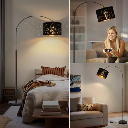 Dimmable Floor Lamp, Arc Floor Lamp with Adjustable Star Shade, Black - color: Black Base with Stars Shade