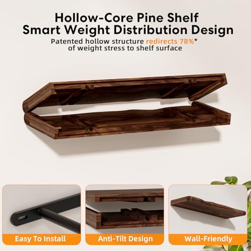 Walnut Finish Floating Shelves,Hidden Brackets,2-Pack,24 Inches Each