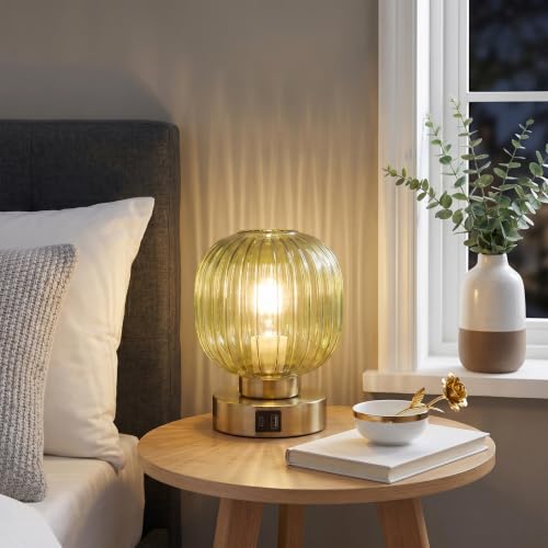 Elenhome Touch Small Table Lamp,Elegant Green Glass Bedside Lamp 3 Way Dimmable with USB C+A Charging Ports - Bedroom Nightstand & Living Room Essential, 4W Bulb Included (Green) - color: Green-USB1pack