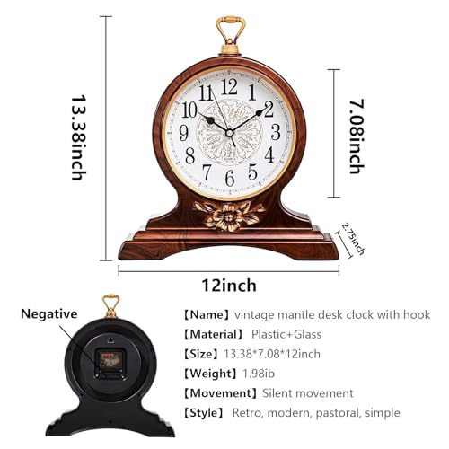 Desk Clock for Mantel Table Decor,Silent Battery Operated for Fireplace 12" - color: Second Brown