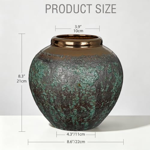 Ceramic Flower Vase, Rustic Farmhouse Flower Vase with Bronze Rim