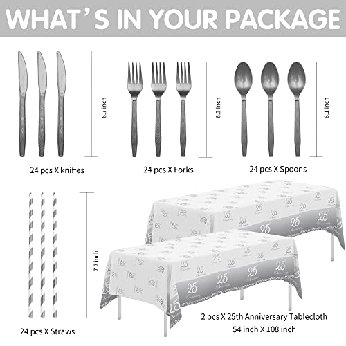 APOWBLS 25th Anniversary Decorations Tableware Wedding, Silver, Serves 24