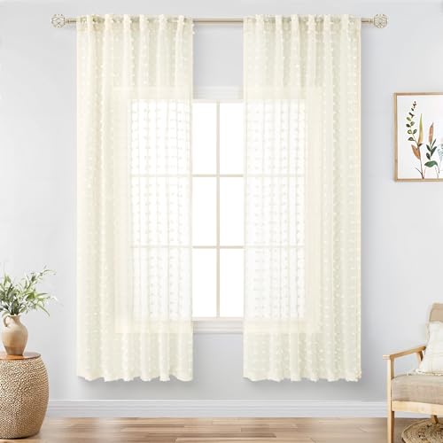 DANCURTON Cream Sheer Curtains for Bedroom Lightweight Unique Trendy Pom Pom Cute Curtains for Kids Girls Room Back Tab Modern Farmhouse Ivory Boho Sheer Drapes for Living Room 63 Inch Length 2 Panels - color: Cream, size: 52"W x 63"L (Pack of 2)