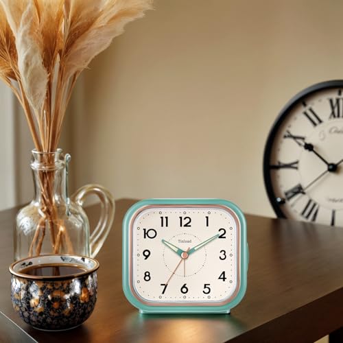 Tinload 4.3" Vintage Retro Analog Alarm Clock, Super Silent Non Ticking Clock with Manual Light, Snooze, Battery Operated, Simply Design, for Living Room, Bedroom, Bedside, Desk(Green) - style: Green-RoseGold