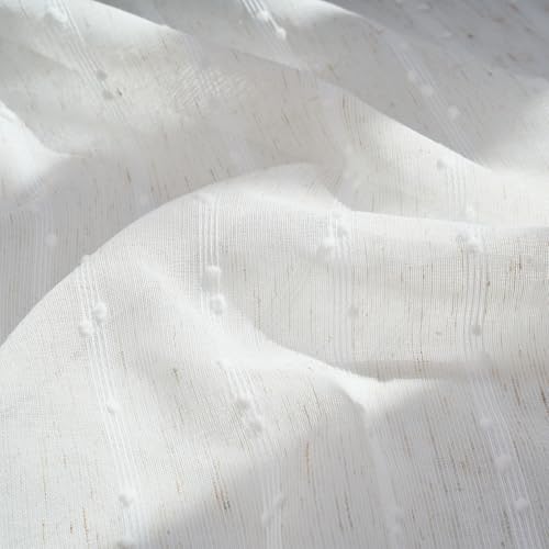 jinchan White Pom Pom Voile Kitchen Tier Curtains 24 Inches 2 Panels - color: Dottie Linen Whisper, size: 26"W x 24"L (Pack of 2)