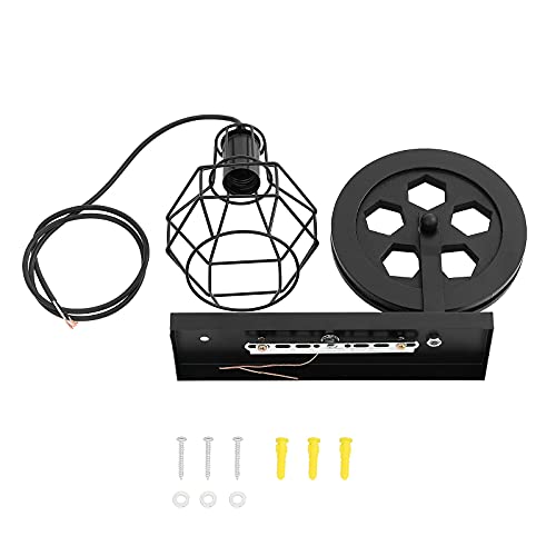 1-Light Rustic Wall Light Lift Pulley with Matte Iron Cage Lampshade Industrial Mid Century Sconce for Indoor Lighting Barn Restaurant (Black Color) - color: Black
