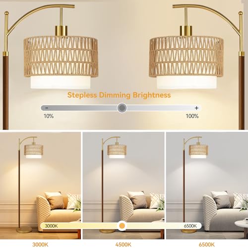 QIYIZM Rattan Floor Lamp for Living Room,Bedroom,Boho Standing Lamp with Remote Dimmable,Wood Vintage Mid Century Modern Gold Tall Lamp Wicker Lamp Shade Floor Lights Bohemian Tiffany Style - size: Floor Lamp--35