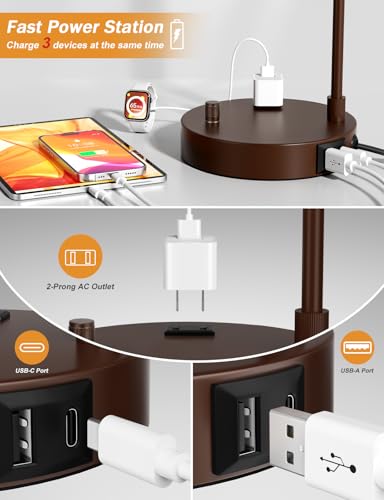 20.7" Tall Table Lamp with USB & Outlet, Fully Dimmable Nightstand Lamp - color: E-Beige Shade & Brown Base