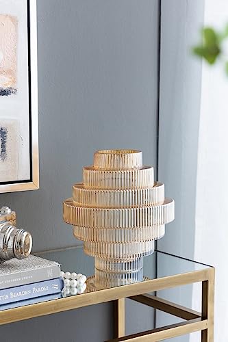 T2 Concept 9x9x10” Clear Amber Luster Glass Accent Vase with Modern Geometric Tiered Design Home Decor Flower Vase for Mantel Tabletop Shelf Office Event