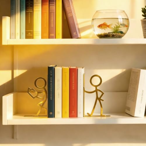 2 Pcs Metal Bookends and Heart Bookmark,Book Ends for Book Shelf,Golden - color: Gold Readers