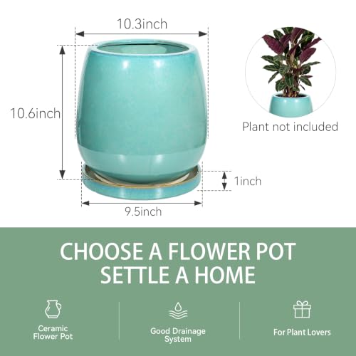 10.3 Inch Ceramic Glaze Plant Pot with Saucer, Flower Pots with Drainage Hole Mesh Net (Spot Green) - color: Spot Green