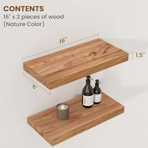 Floating Shelves for Wall Decor, 8" Deep Rustic Solid Elm Wood Floating Shelves Wall Mounted, Wall Shelves with Invisible Bracket for Living Room Bathroom Bedroom Kitchen, 16 Inch Set of 2, Natural - color: Natural, size: Flat Edge, 16inch, 2Packs