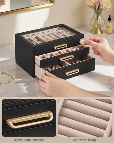 SONGMICS 3-Layer Jewelry Box with Glass Window, 3 Drawers, Golden Handles - color: Black, size: 3-Tier