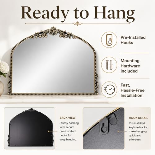 Arched Wall Mirror, 36×24 Inch Baroque Bronze Frame with Beaded Border - color: Bronze