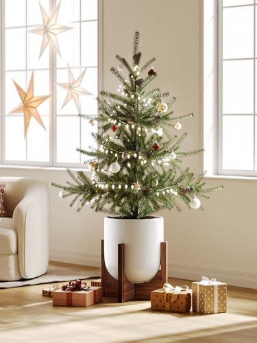 LE TAUCI 12 Inch Ceramic Planter with Acacia Wood Stand, White - color: White, size: 12 Inch