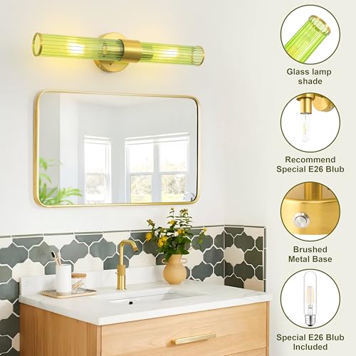 Morauroral Gold Battery Operated Wall Sconces Set of 2, Rechargeable Wall Lights with Remote Control, 20 Inch Modern Wireless Wall Lamp for Bedroom, Living Room with Green Shade (Bulbs Included) - color: Gold (Green Glass)