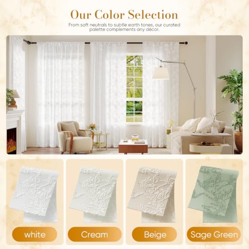Anmao 3D Textured White Floral Sheer Lace Curtains 2 Panels, 55W x 45L - color: White, size: 52"W x 45"L (Pack of 2)