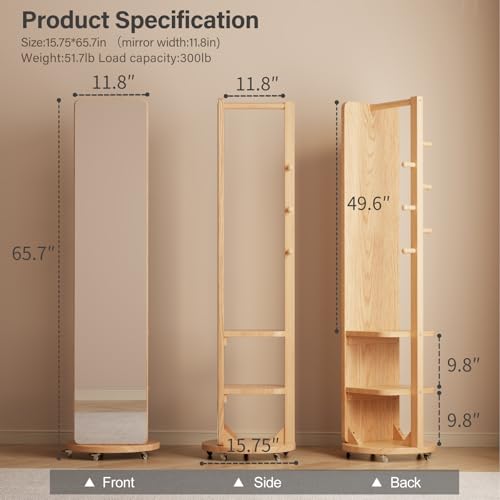 WoodsWhisper Full Length Mirror Coat Rack Solid Wood Floor Mirror 66"x12" Full Length Mirror with Stand Long Mirrors for Bedroom,Living Room (Natural-Mobile, 66" Lx12 W) - color: Natural-mobile, size: 66"Lx12"W