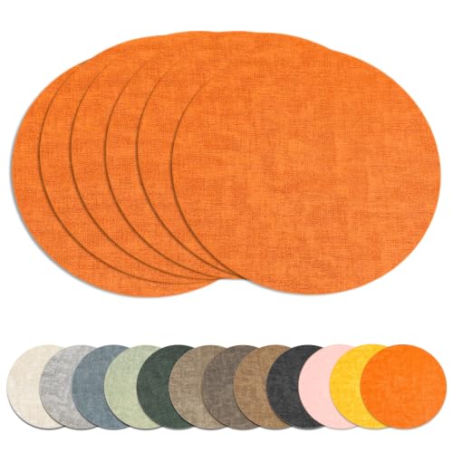 13" Round Placemats Set of 6, Reversible Faux Leather Wipeable Table Mats - color: Orange