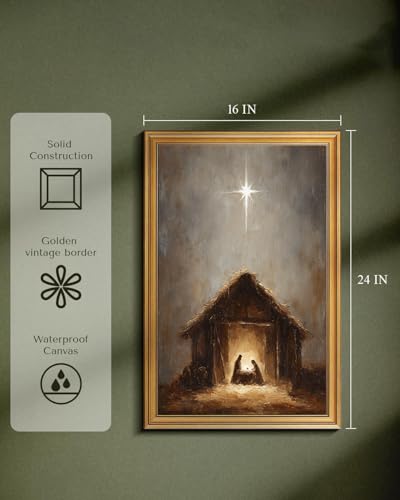 Vintage Gold Framed Christmas Wall Art Christian Nativity Canvas Print - color: Holy Night, size: 24"L x 16"W