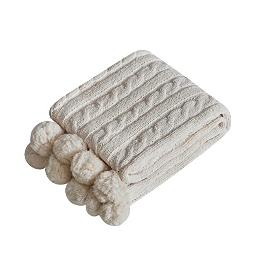 Chenille Chunky Knitted Throw Blanket with 14pcs Pom Poms Tassel Super Soft Cozy Warm Blanket for Sofa Bed Soft Couch 50 x60 inches (White)?-¡ - color: Pom-pom-white, size: Throw 50"X60"