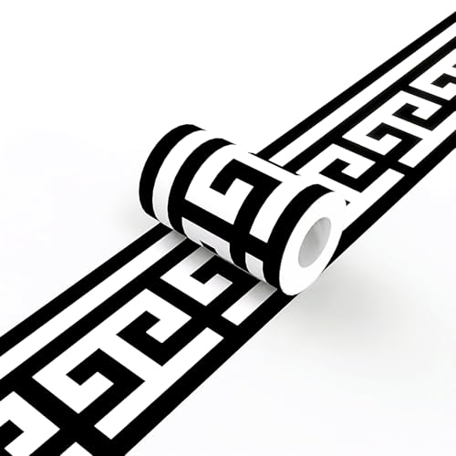 Greek Key Mirror Border Peel and Stick Black White Wallpaper Trim - color: Black/White, size: 3.9" x 393.7"