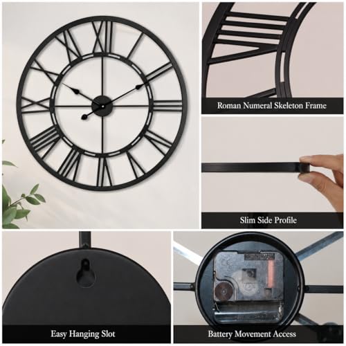 Large Wall Clock 27.5 Inch, Roman Numerals, Battery Operated, Black