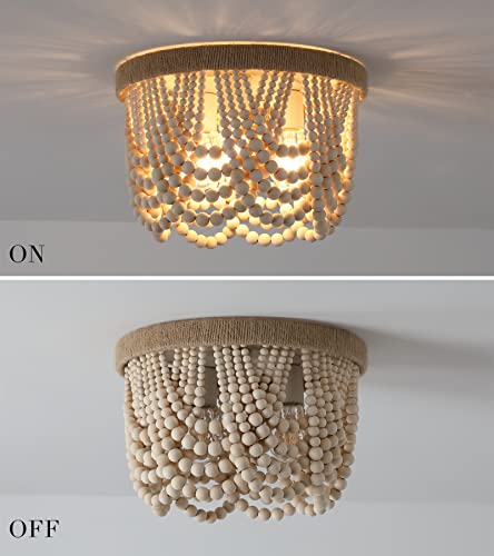 AMZASA Wood Beaded Flush Mount Ceiling Light Farmhouse Rustic Small Boho Chandelier Light Fixture for Bedroom Hallway Entryway Closet Kitchen Dining Room Living Room Nursery 3-Lights - color: Hemp Rope Ceiling Light