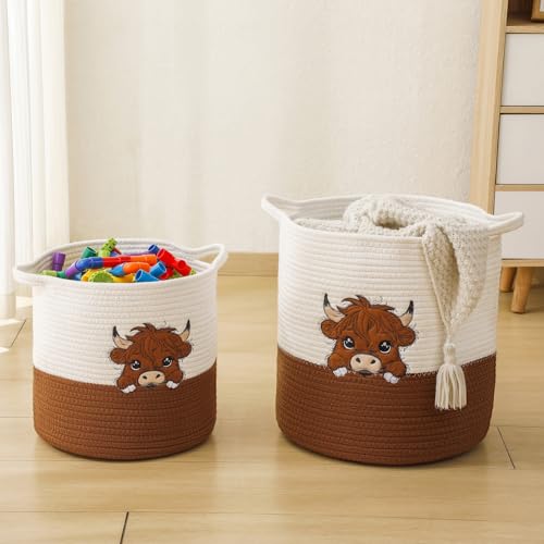 Large Blanket Baskets for Living Room, Highland Cow Storage Baskets for Toys Organizer Woven Cotton Rope Basket for Kids, Clothes Hamper with Embroidery Highland Cow Decor for Nursery Laundry - color: Cow, size: Large