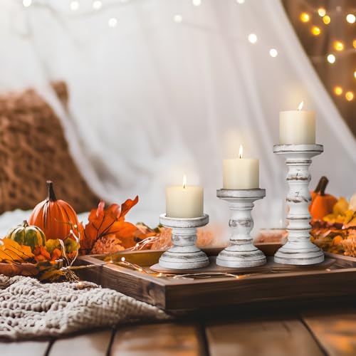 Candle Holder for Pillar Candle Set of 3, Farmhouse Wood Candle Holder, Rustic Wooden Candle Stand, Vintage Tall Candle Stand Decorative for Living Room, Table Centerpiece,White - color: Retro White