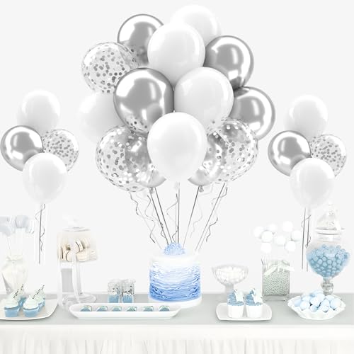 Patimate White and Silver Balloons Set 50 pcs 12 inch - color: White Silver