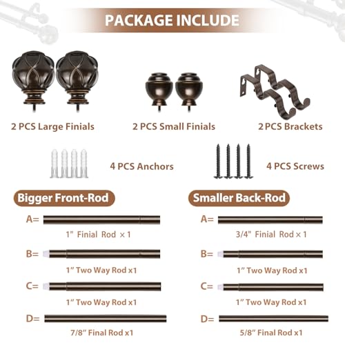 KAMANINA Double Curtain Rod 32 to 58 Inch, Adjustable Drapery Rods, Bronze - color: Antique Bronze, size: 32-58"