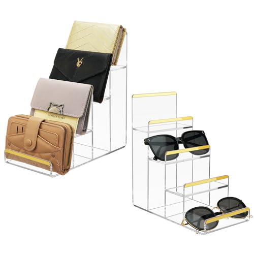 Purse Display Stands, 2 Pack 4-Tier Acrylic Wallet Holder Risers Stand, 2-Inch Spacing Clear Clutch Rack Handbag Display Shelf, 4MM Thick Counter Wallet Organizer for Figure Sunglasses Retail Vendor - size: 4 Tier(2pack)