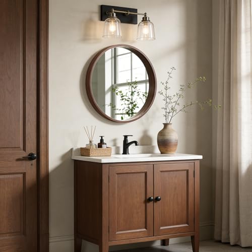 WallBeyond 28 Inch Round Wood Mirror, Large Circle Wooden Frame Wall Mirror for Bathroom, Living Room, Bedroom, Entryway (Walnut) - color: Walnut, size: 28"L x 28"W