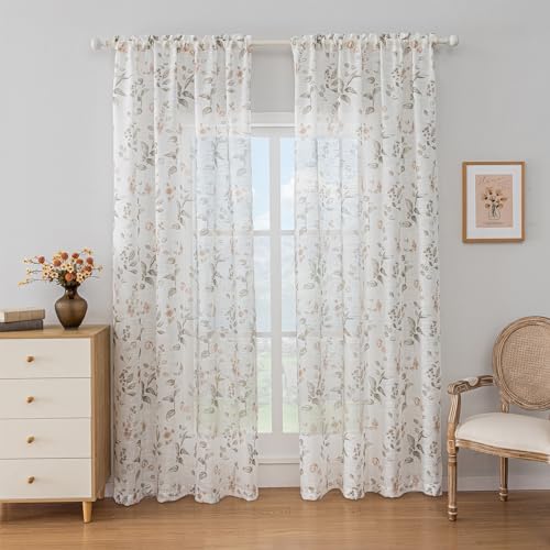 SUOUO Floral Semi Sheer Curtains Linen Textured 96 inches 2 Panels - color: Coffee-l, size: 52"W x 96"L (Pack of 2)