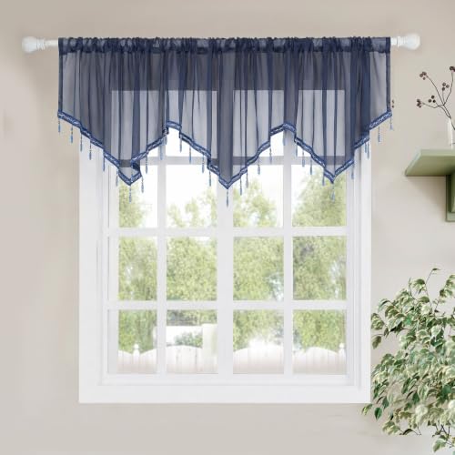 Molaxhome Swag Curtain Scalloped Curtain Valance Drape Sheer Lace Panel 1pc - color: Navy
